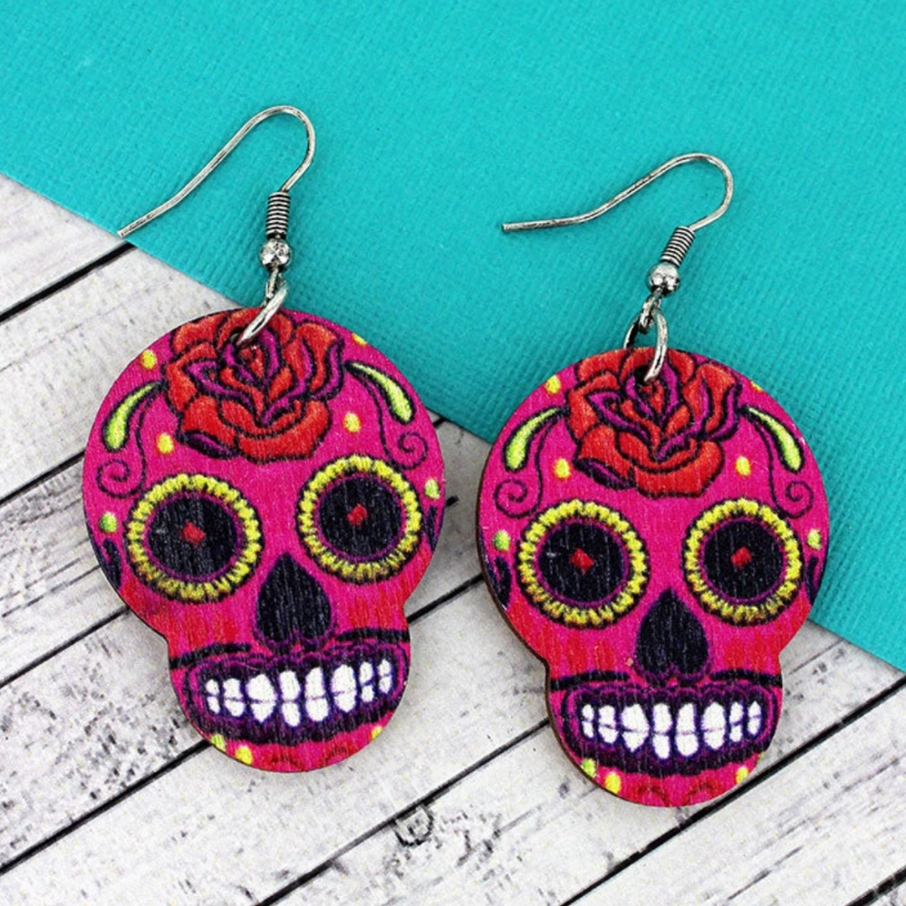 Day of the dead Dia de los muertos Sugar Skull printed Wood Earrings